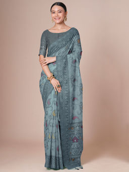 Akhilam - Women Grey Cotton Blend Saree with Unstitched Blouse