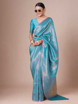 Akhilam - Women Aqua Silk Blend Saree with Unstitched Blouse