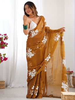 Akhilam - Women Brown Organza Saree with Unstitched Blouse