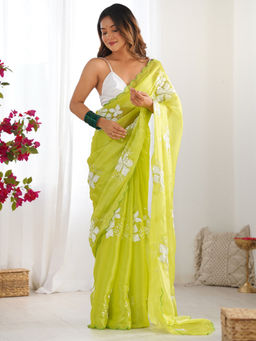 Akhilam - Women Green Organza Saree with Unstitched Blouse