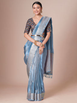 Akhilam - Women Blue Tissue Saree with Unstitched Blouse