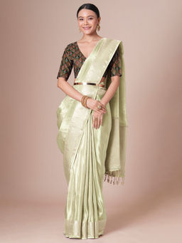 Akhilam - Women Cream Tissue Saree with Unstitched Blouse