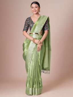 Akhilam - Women Green Tissue Saree with Unstitched Blouse