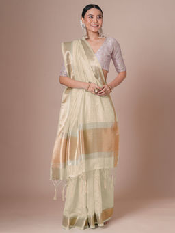 Akhilam - Women Cream Chiffon Saree with Unstitched Blouse