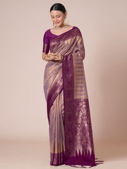 Akhilam - Women Magenta Tissue Saree with Unstitched Blouse