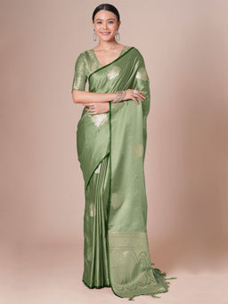 Akhilam - Women Green Satin Saree with Unstitched Blouse