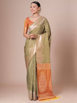 Akhilam - Women Green Tussar Silk Saree with Unstitched Blouse