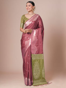 Akhilam - Women Pink Tussar Silk Saree with Unstitched Blouse
