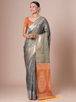 Akhilam - Women Grey Tussar Silk Saree with Unstitched Blouse