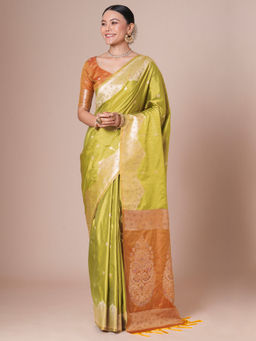 Akhilam - Women Green Tussar Silk Saree with Unstitched Blouse
