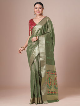 Akhilam - Women Olive Tissue Saree with Unstitched Blouse