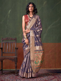 Akhilam - Women Lavender Tissue Saree with Unstitched Blouse