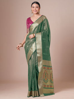 Akhilam - Women Green Tissue Saree with Unstitched Blouse