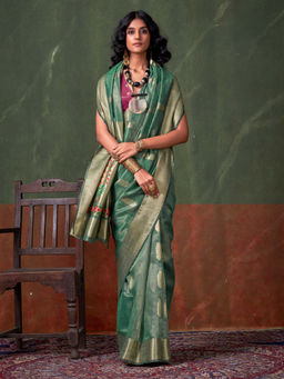 Akhilam - Women Teal Tissue Saree with Unstitched Blouse