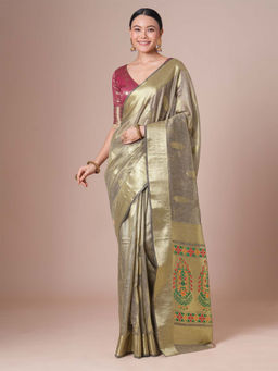 Akhilam - Women Grey Tissue Saree with Unstitched Blouse