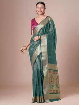 Akhilam - Women Teal Tissue Saree with Unstitched Blouse