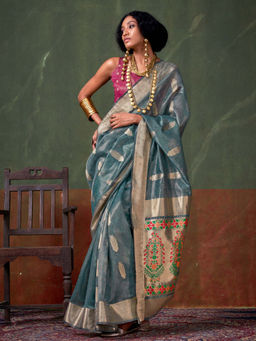 Akhilam - Women Blue Tissue Saree with Unstitched Blouse