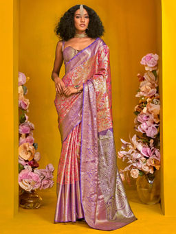 Akhilam - Women Pink Kanjeevaram Saree with Unstitched Blouse