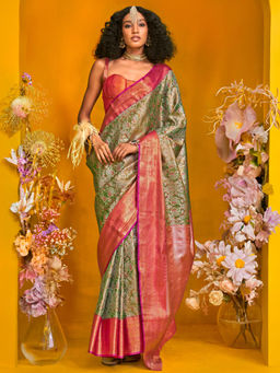 Akhilam - Women Green Kanjeevaram Saree with Unstitched Blouse