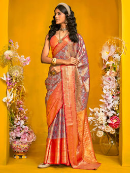 Akhilam - Women Metallic Kanjeevaram Saree with Unstitched Blouse