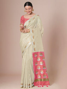 Akhilam - Women Cream Tussar Silk Saree with Unstitched Blouse