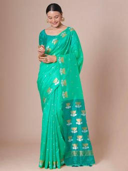 Akhilam - Women Turquoise Tussar Silk Saree with Unstitched Blouse