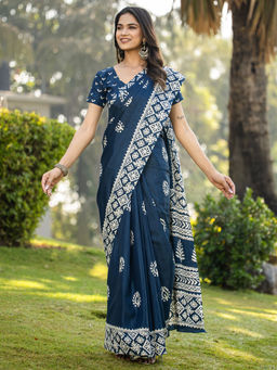 Akhilam - Women Navy Blue Cotton Blend Saree with Unstitched Blouse