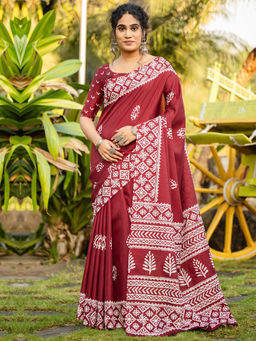 Akhilam - Women Maroon Cotton Blend Saree with Unstitched Blouse