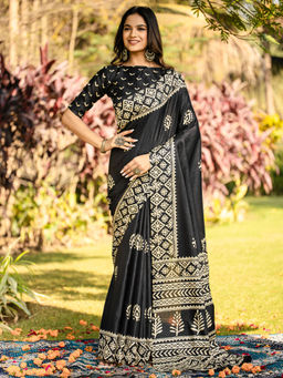 Akhilam - Women Black Cotton Blend Saree with Unstitched Blouse