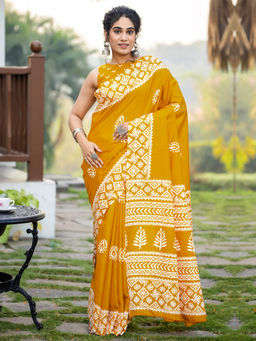 Akhilam - Women Mustard Cotton Blend Saree with Unstitched Blouse