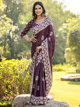 Akhilam - Women Purple Cotton Blend Saree with Unstitched Blouse