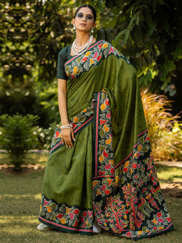 Akhilam - Women Green Cotton Blend Saree with Unstitched Blouse