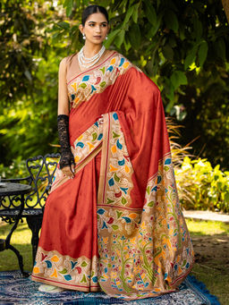 Akhilam - Women Rust Cotton Blend Saree with Unstitched Blouse