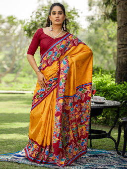 Akhilam - Women Yellow Cotton Blend Saree with Unstitched Blouse
