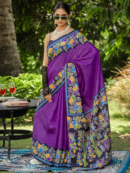 Akhilam - Women Purple Cotton Blend Saree with Unstitched Blouse