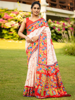 Akhilam - Women Off White Cotton Blend Saree with Unstitched Blouse