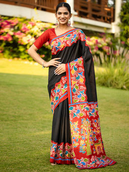 Akhilam - Women Black Cotton Blend Saree with Unstitched Blouse
