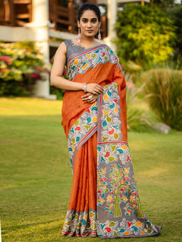 Akhilam - Women Orange Cotton Blend Saree with Unstitched Blouse