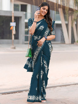 Akhilam - Women Teal Silk Saree with Unstitched Blouse