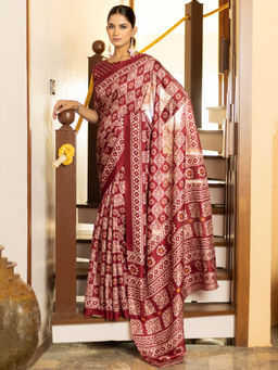 Akhilam - Women Maroon Cotton Blend Saree with Unstitched Blouse