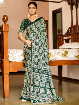 Akhilam - Women Green Cotton Blend Saree with Unstitched Blouse