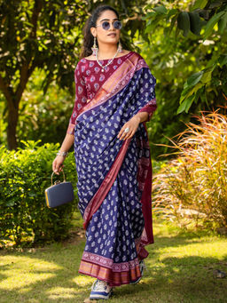 Akhilam - Women Navy Blue Cotton Saree with Unstitched Blouse