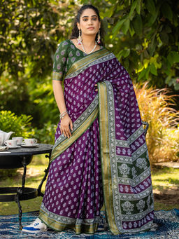Akhilam - Women Purple Cotton Saree with Unstitched Blouse