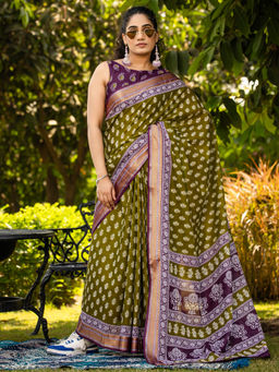 Akhilam - Women Olive Cotton Saree with Unstitched Blouse