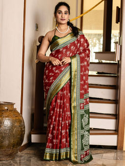Akhilam - Women Rust Cotton Saree with Unstitched Blouse