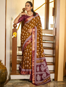 Akhilam - Women Brown Cotton Saree with Unstitched Blouse