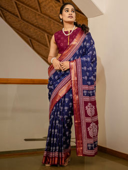Akhilam - Women Navy Blue Cotton Saree with Unstitched Blouse