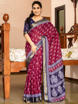 Akhilam - Women Pink Cotton Saree with Unstitched Blouse