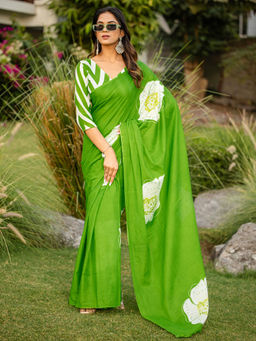 Akhilam - Women Green Cotton Saree with Unstitched Blouse
