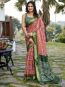 Akhilam - Women Rust Cotton Saree with Unstitched Blouse